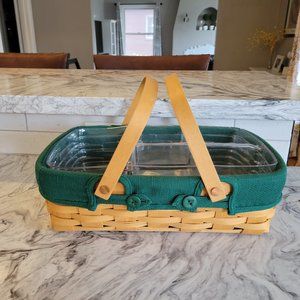 Longaberger Market basket with green fabric cover and 2 liner inserts